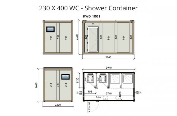 KW4 230X400 WC-Suihku Kontti